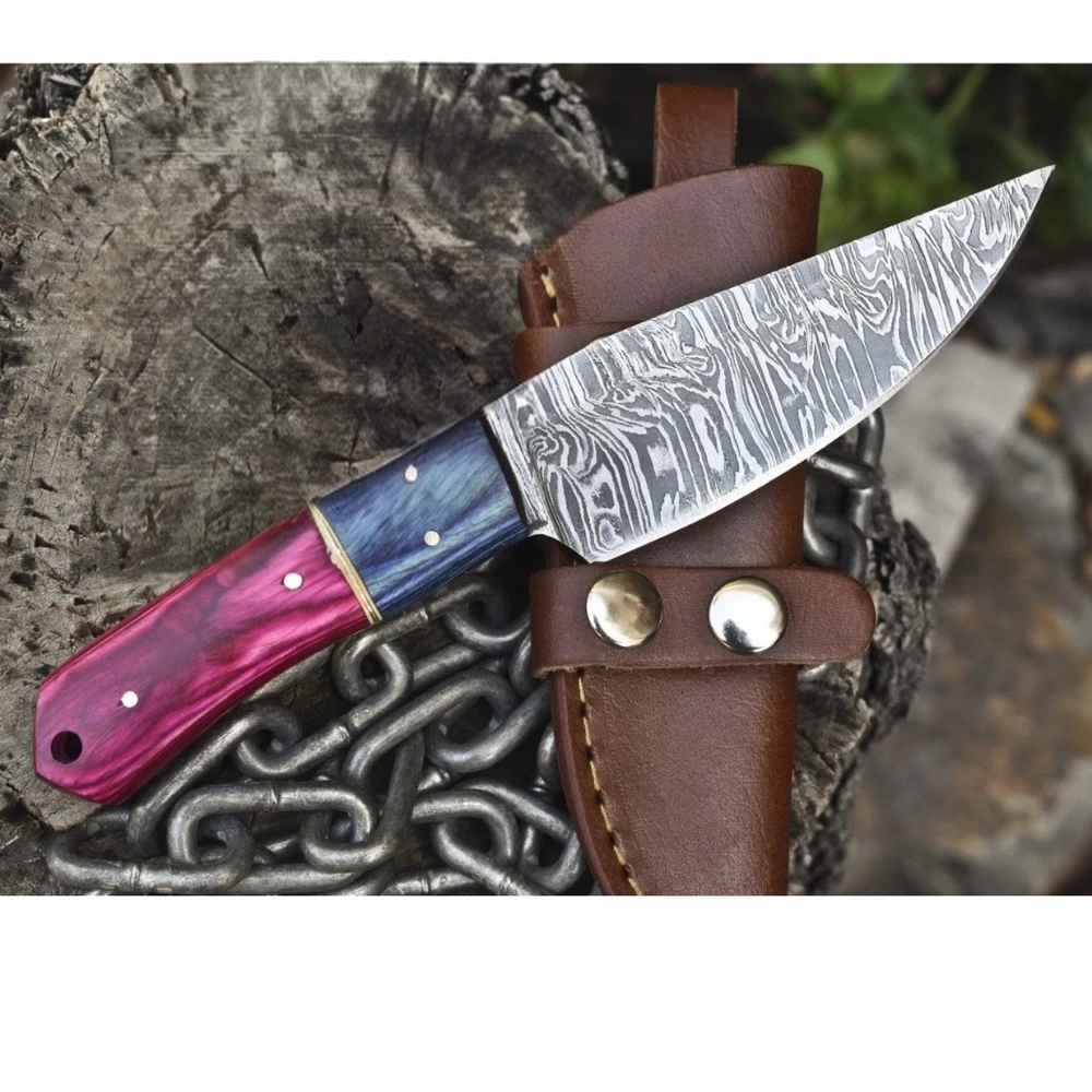 Handcrafted Damascus Steel Knife with Pink and Blue Handle